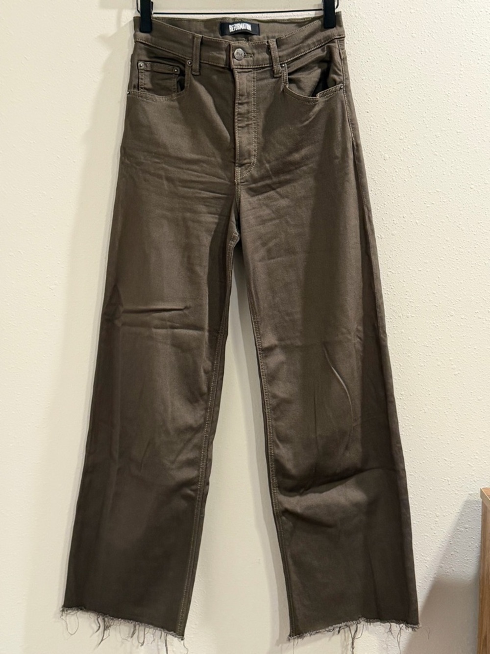 Reformation Size 27 Army Green Stretch Flood Jeans Wide Leg Cropped Raw Hem